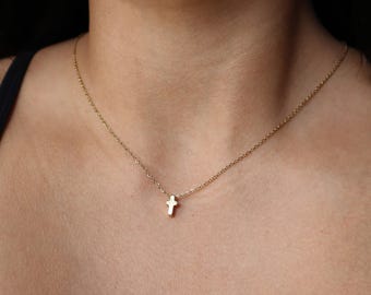 18K Gold Tiny Cross Necklace - Religious Jewelry, Catholic, Christian Accessories, Dainty