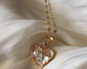 18K gouden vlinderketting - schelp parel hartketting, girly sieraden, flirt sieraden, parelketting, cadeau voor haar, jubileum sieraden