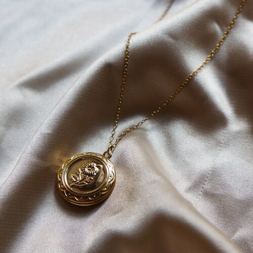 Gold Locket Necklace Circle Gold Locket Flower Etched Etsy UK