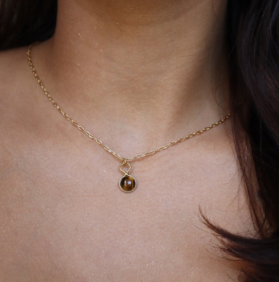 Gold Stainless Steel Tiger's Eye Necklace – Dainty Pendant, Spiritual Jewelry