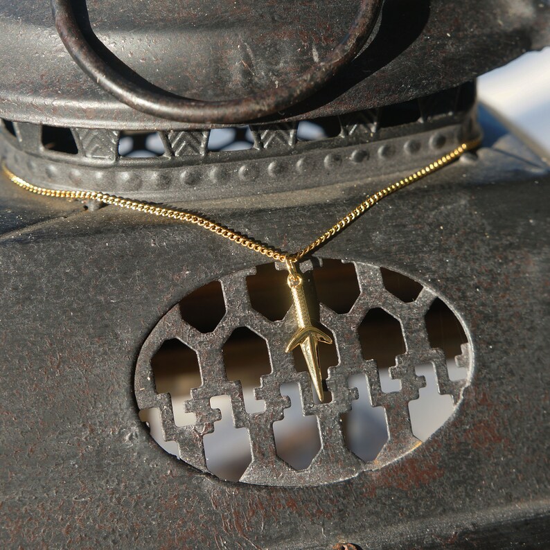 Puede incluir: Un collar de cadena dorada con un peque&ntilde;o colgante dorado en forma de aleta de pez. El collar cuelga de un objeto de metal negro con un patr&oacute;n decorativo.