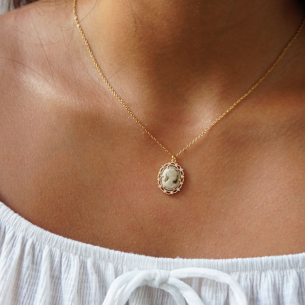 Small Cameo Necklace Vintage Charm Necklace Gold Charm Necklace Vintage Inspired Jewelry Cubic Zirconia Necklace Minimalist Jewelry