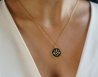 Snake Necklace Gold Charm Necklace Gold Jewelry Snake Jewelry Medallion Necklace Gold Coin Necklace Gift for Her Statement Necklace