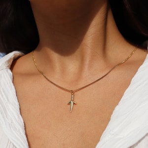 Puede incluir: Un collar de cadena de oro con un peque&ntilde;o colgante de daga de oro.