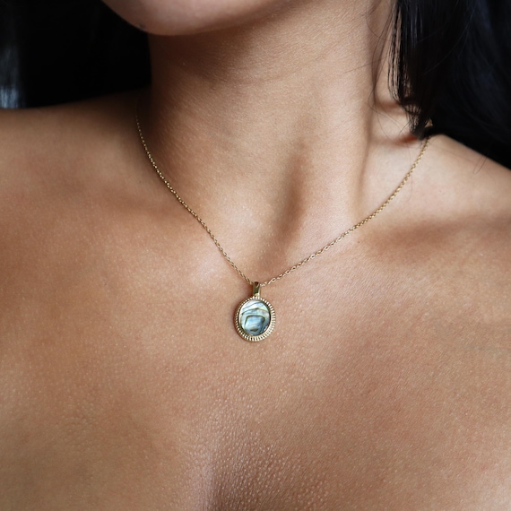 24K Gold Abalone Necklace - Ocean Jewelry, Elegant Blue Necklace, Natural Abalone, Gold Oval Pendant Necklace, Vintage Inspired Jewelry
