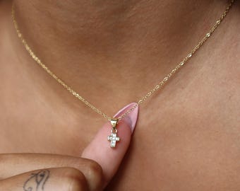 16K Gold Cross Necklace – Cubic Zirconia Charm, Minimalist Religious Jewelry