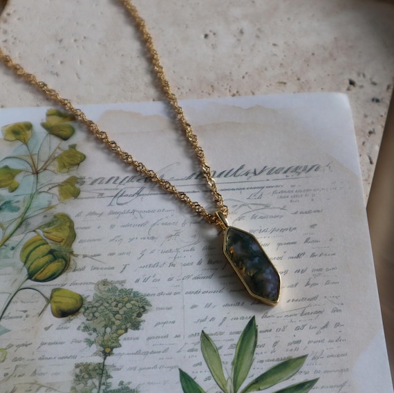Moss Agate Necklace: 18K Gold Plated Charm, Spiritual Jewelry