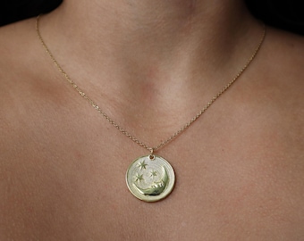 18K Gold Moon Medallion Necklace – Celestial Night Sky Statement Jewelry