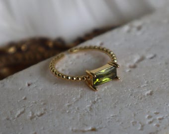 Olive Green CZ Ring, 18K Gold Plated Adjustable Ring