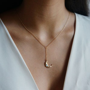 Crescent Moon Necklace, Opal Necklace, Hanging Charm Necklace, Spiritual Jewelry, Gold Charm Necklace, Gift for Her, Celestial Jewelry