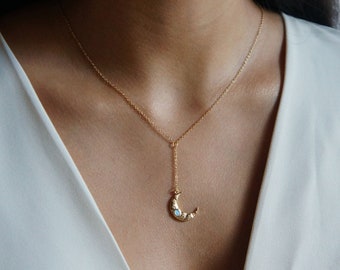 Crescent Moon Necklace, Opal Necklace, Hanging Charm Necklace, Spiritual Jewelry, Gold Charm Necklace, Gift for Her, Celestial Jewelry