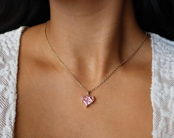 Pink CZ Heart Necklace - Love Jewelry, Sparkly Pink Necklace, Anniversary Gift, Coquette Core Jewelry, 14K Gold