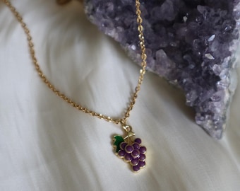 Enamel Grape Charm Necklace, 18K Gold Plated Chain