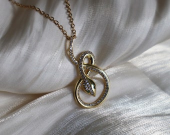 Sparkly Snake Necklace – 14K Gold Cubic Zirconia Pendant, Serpent Jewelry