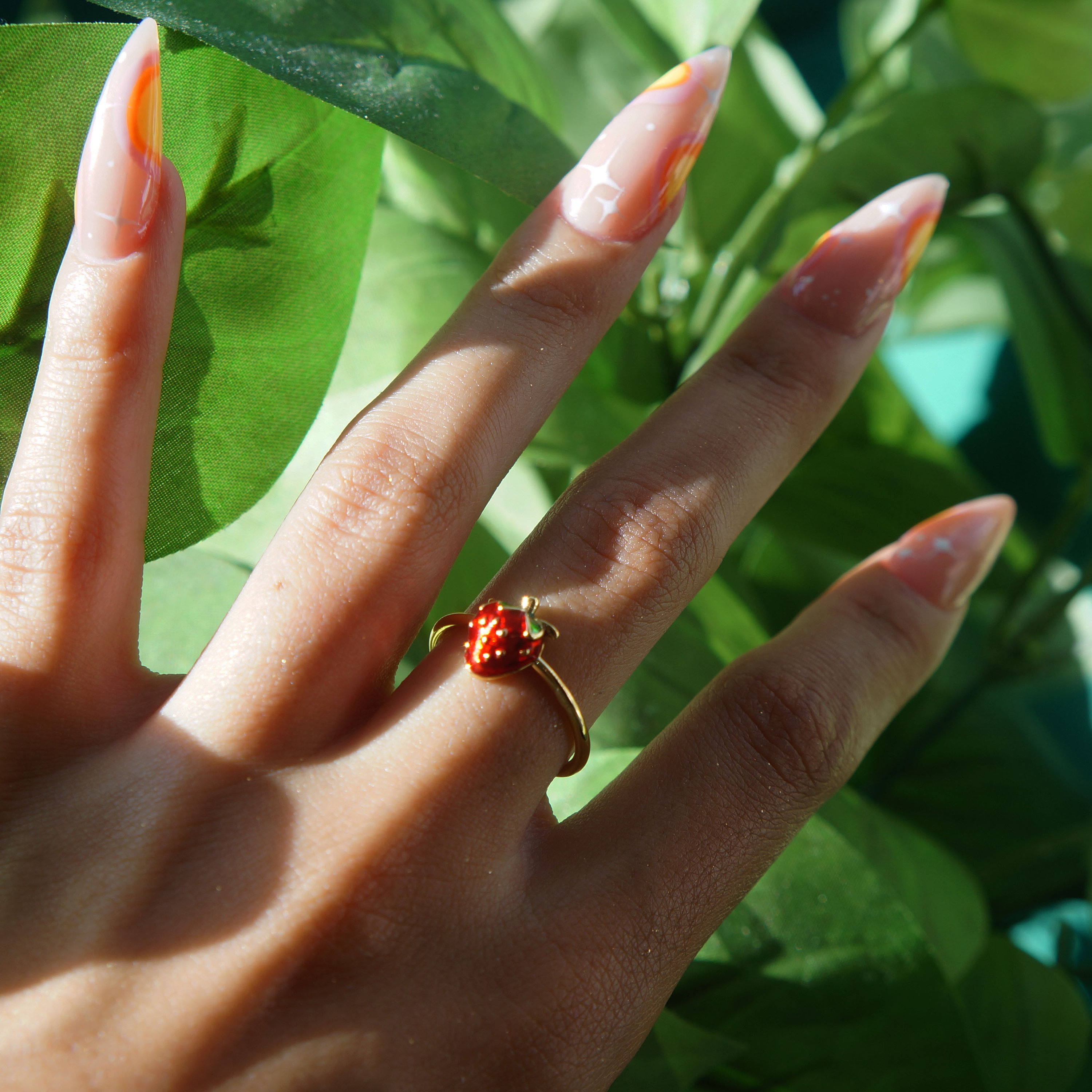 Strawberry Adjustable Ring - 14k Gold Plated | Red Enamel Fruit Design | Women's Fashion Jewelry