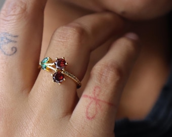 18K Gold Plated Cherry Ring, Adjustable Cubic Zirconia, Coquette Jewelry