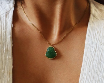 Jade Glass Laughing Buddha Necklace – 18K Gold, Stainless Steel Chain, Maximalist Jewelry