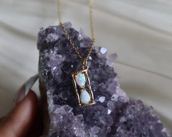 Dainty Hourglass Necklace with Opal Charm – 14K Gold Layering Jewelry