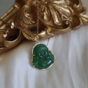 Jade Glass Buddha Necklace, Laughing Buddha Necklace, Buddha Jewelry, Green Necklace, Gifts for Her, Layering Necklace, Maximalist Jewelry