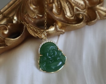 Jade Glass Buddha Necklace, Laughing Buddha Necklace, Buddha Jewelry, Green Necklace, Gifts for Her, Layering Necklace, Maximalist Jewelry