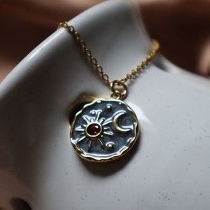 Sun and Moon Necklace, Enamel Necklace, Celestial Jewelry, Spiritual Gifts for Her, Gold Medallion Necklace, Starry Night Necklace