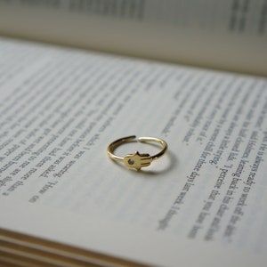 Gold Hamsa Ring Adjustable Ring Minimalist Jewelry Stackable Ring Spiritual Jewelry Gold Ring Clear Cubic Zirconia Minimalist Ring
