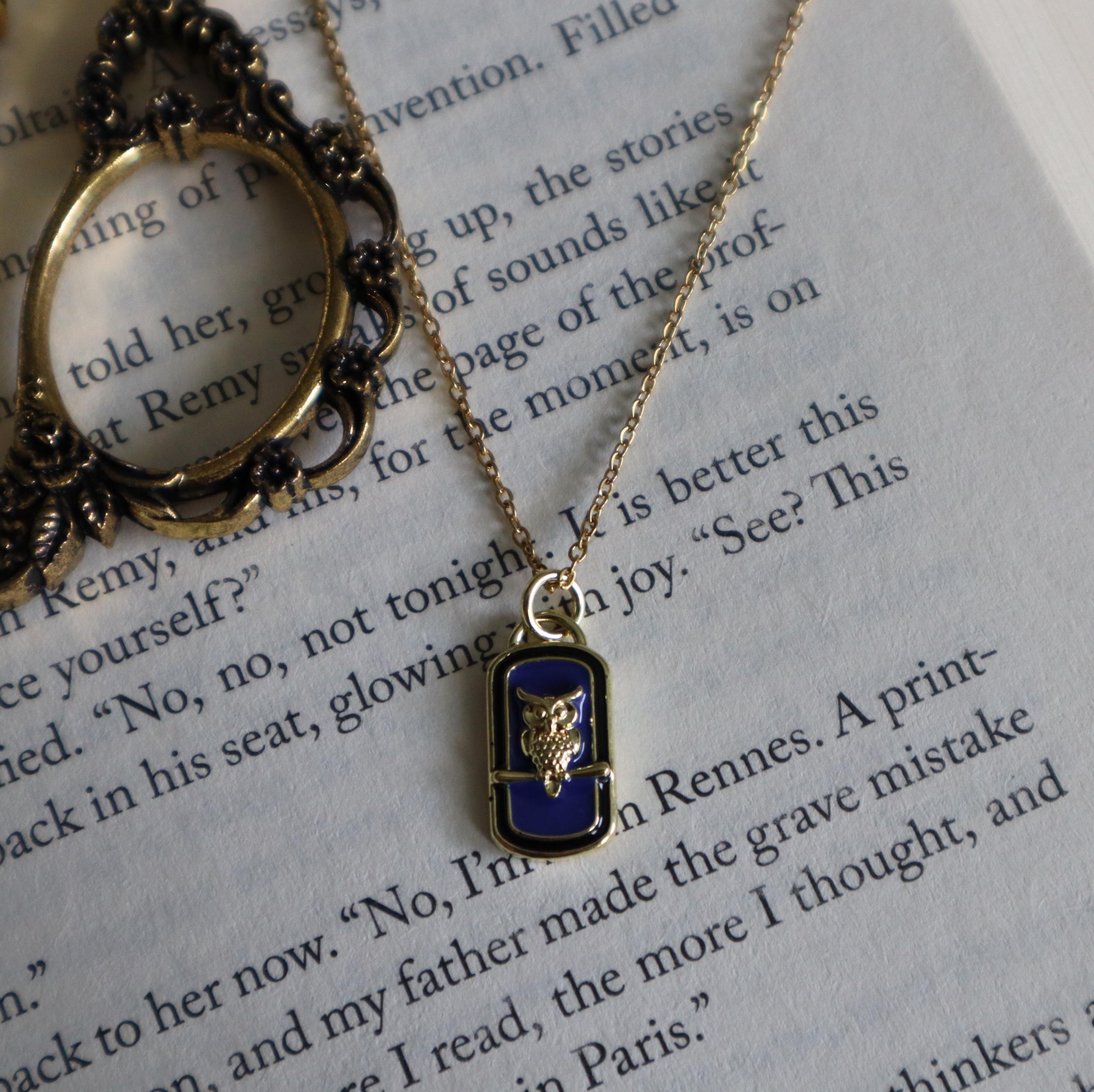 18K Gold Owl Necklace: Blue Enamel Athena Jewelry