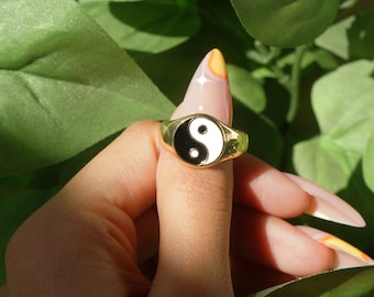 Yin Yang Gold Adjustable Ring – Enamel Spiritual Statement Jewelry