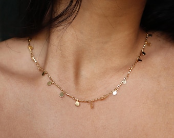 Shiny Disk Necklace, Dainty Gold Choker, Waterproof Jewelry for Her, Gold Stainless Steel Chain, Adjustable Necklace