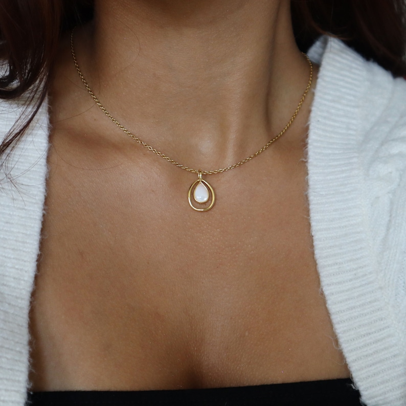 Elegant Gold Pearl Necklace, Shell Teardrop Necklace, Gold Pendant Jewelry, Gift for Her, Dainty Layering Necklace, Christmas Gift image 6