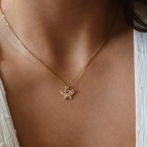 Tiny Pink Butterfly Necklace, Cubic Zirconia Jewelry, Christmas Gift, Butterfly Accessories for Her, Sparkly Butterfly Jewelry, Gift for Her