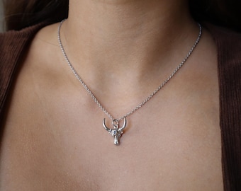 18K Gold Silver Bull Skull Necklace – Gothic Cubic Zirconia Charm