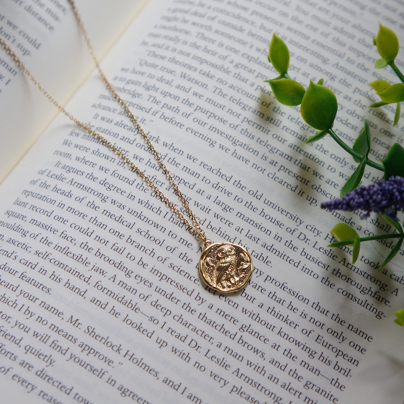 Athena Necklace Gold Coin Necklace Owl Charm Necklace Wax Seal Necklace Gold Charm Necklace Minimalist Jewelry Gold Jewelry Gift for Her image 2