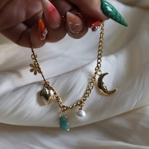 Celestial Charm Bracelet, Natural Gemstone Bracelet, Opal Bracelet, Pearl Bracelet, Chunky Charm Bracelet, Curb Chain Bracelet, Gift for Her image 1