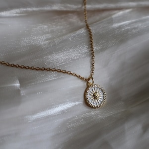 White Sun Medallion Necklace, Enamel Jewelry, Celestial Necklace, Gift for Her, Sun Coin Jewelry, Christmas Gift, Layering Handmade Necklace
