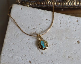 Gold Plated Fish Charm Necklace: Enamel Coin Pendant