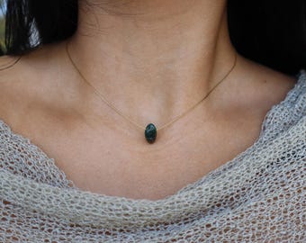 Moss Agate Necklace: Natural Crystal, Stainless Steel Chain