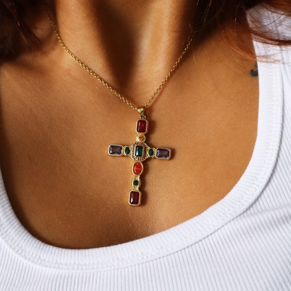 Multicolor Cross Necklace, Vintage Inspired Necklace, Cross Jewelry for Her, Multicolored Gemstone Necklace, Christmas Gift, Maximalist