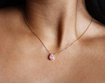 18K goud roze druppelketting - roze sieraden, cadeau voor haar, sierlijke gouden ketting, kristallen ketting, alledaagse sieraden, jubileumcadeau