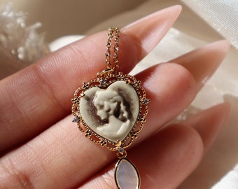 Heart Cameo Necklace, Coquette Aesthetic Jewelry, Vintage Necklace, Victorian Inspired Jewelry, Gift for Her, Cameo Jewelry, Layering