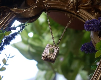 Gold Locket Necklace – Book Charm Pendant, Photo Locket, Bookish Gift