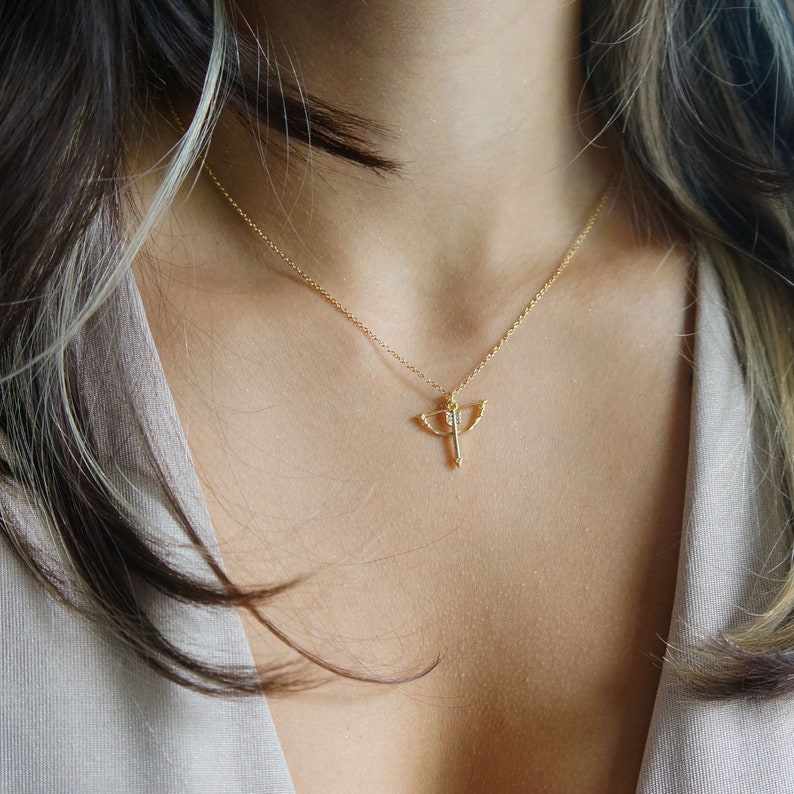 Artemis Necklace Bow and Arrow Necklace Gold Charm Necklace Huntress Necklace Gift for Her Minimalist Jewelry Mythology Inspired Minimalist image 5