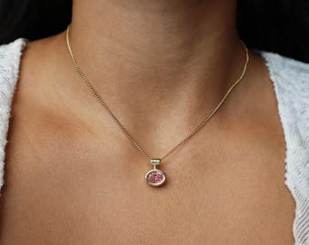Oval Pink Cubic Zirconia Bezel Charm Necklace - Pink CZ Pendant - Dainty Minimalist Jewelry - Sparkly Gift for Her