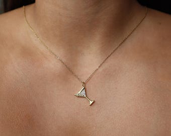 Martini Necklace – Gold/Silver Cubic Zirconia Charm – Cocktail Jewelry