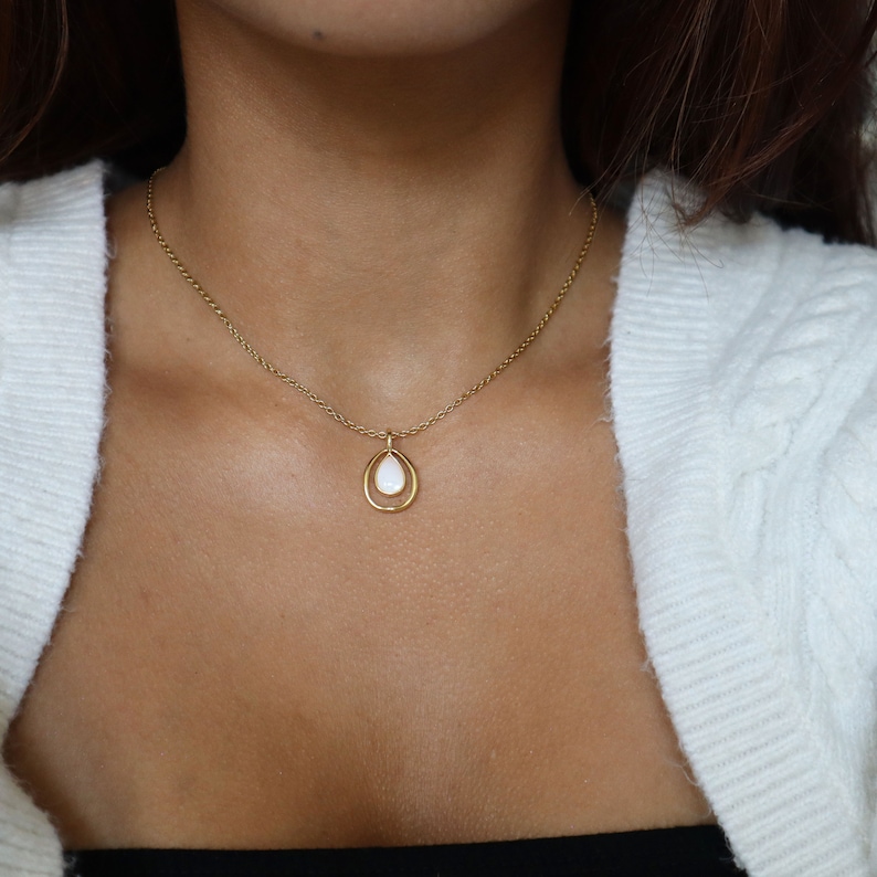 Elegant Gold Pearl Necklace, Shell Teardrop Necklace, Gold Pendant Jewelry, Gift for Her, Dainty Layering Necklace, Christmas Gift image 2