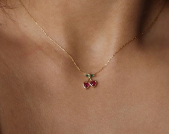 Tiny Cherry Necklace, Dainty Jewelry for Her, Cherry Jewelry, Coquette Necklace Aesthetic, Gift for Her, Cherry Heart Necklace, Christmas