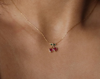 Tiny Cherry Necklace - Dainty Jewelry for Her - Cherry Jewelry - Coquette Necklace - Aesthetic - Gift for Her - Cherry Heart Necklace