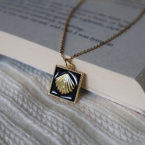 Black Enamel Shell Necklace: Gold Plated Charm, Layering Jewelry