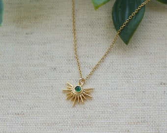 Gold Star Burst Necklace Green Cubic Zirconia Emerald Charm Necklace Gold Plated Charm Necklace Dainty Jewelry Gift for Her Layering