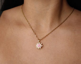 Gold Sun Fidget Necklace with Pink Opal – Spinning Celestial Charm – 18K Gold Jewelry